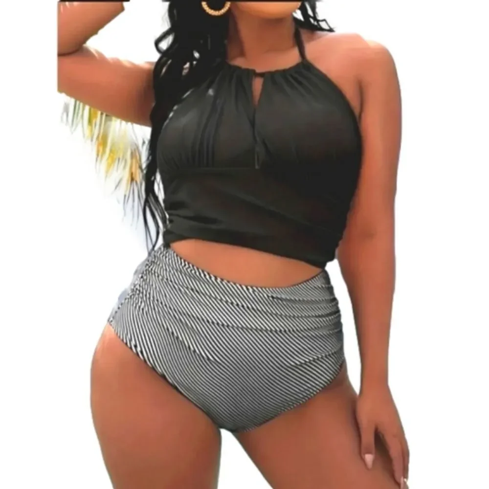 Plus Size colorblock Halter Neck Backless Bikini Set sz 2X